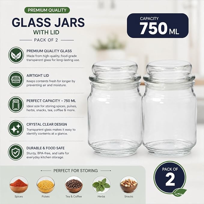 Hero Premium Glass Storage Jar with Airtight Lid, Clear, Set of 2 with Premium Box