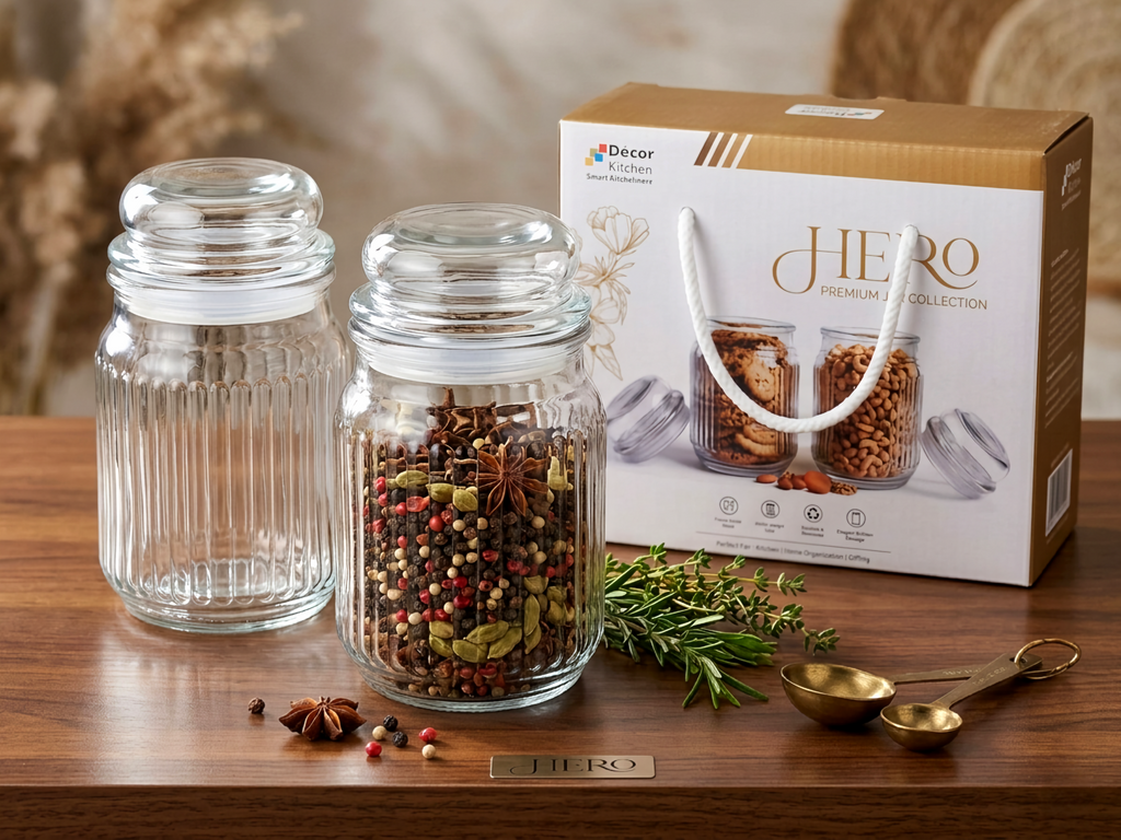 Hero Premium Glass Storage Jar with Airtight Lid, Clear, Set of 2 with Premium Box