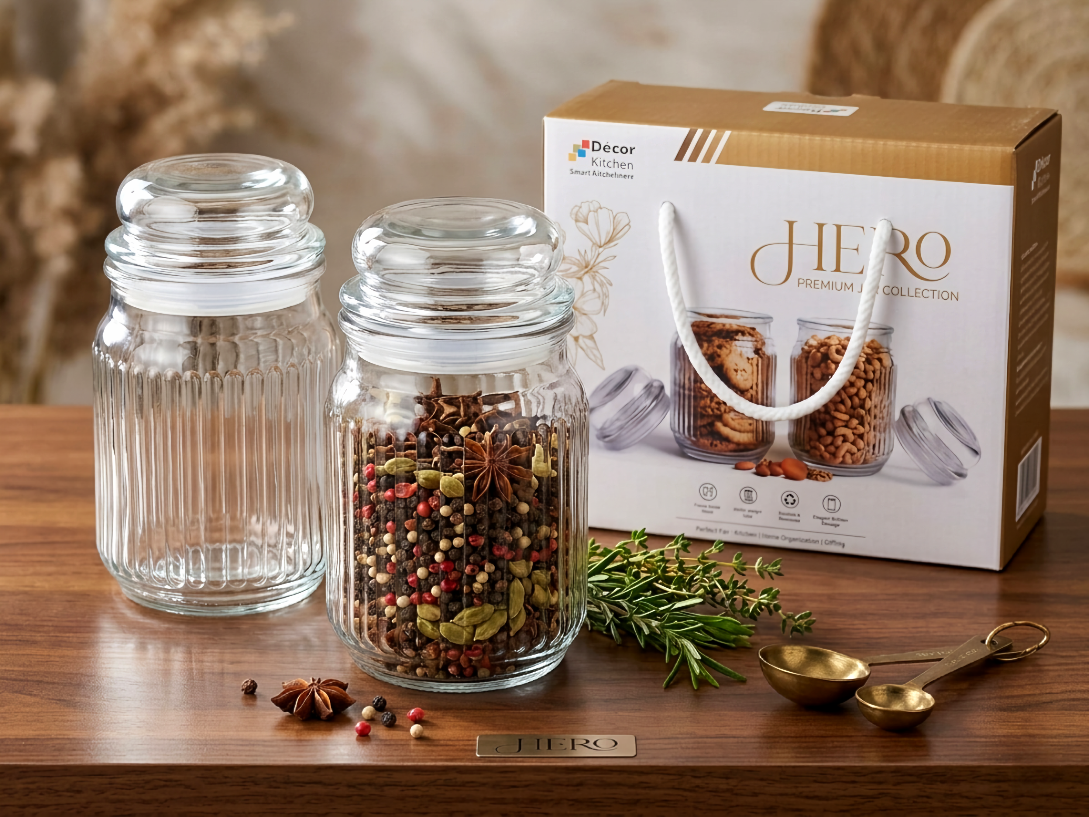 Hero Premium Glass Storage Jar with Airtight Lid, Clear, Set of 2 with Premium Box